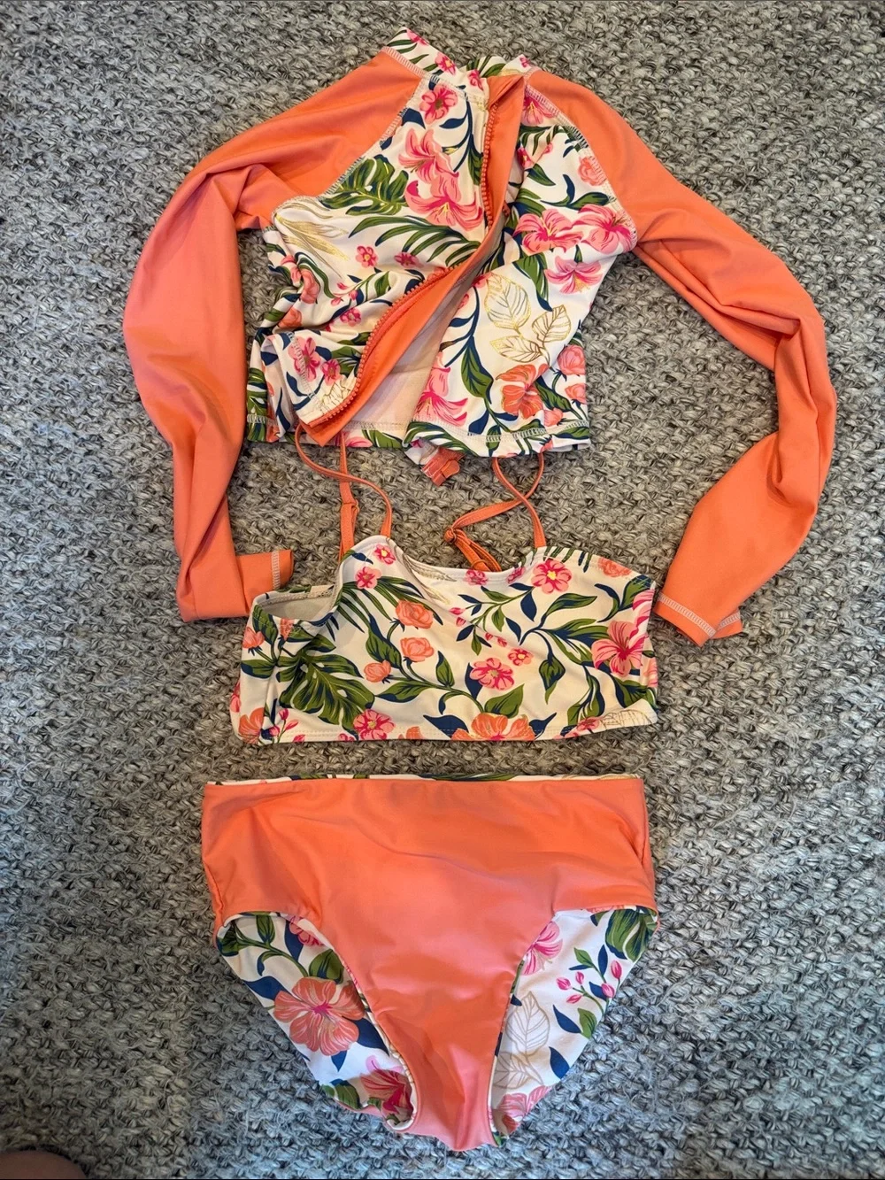 Like New - C&C California Tropical Floral 3-Piece Girls Swim Set, Size 9-10